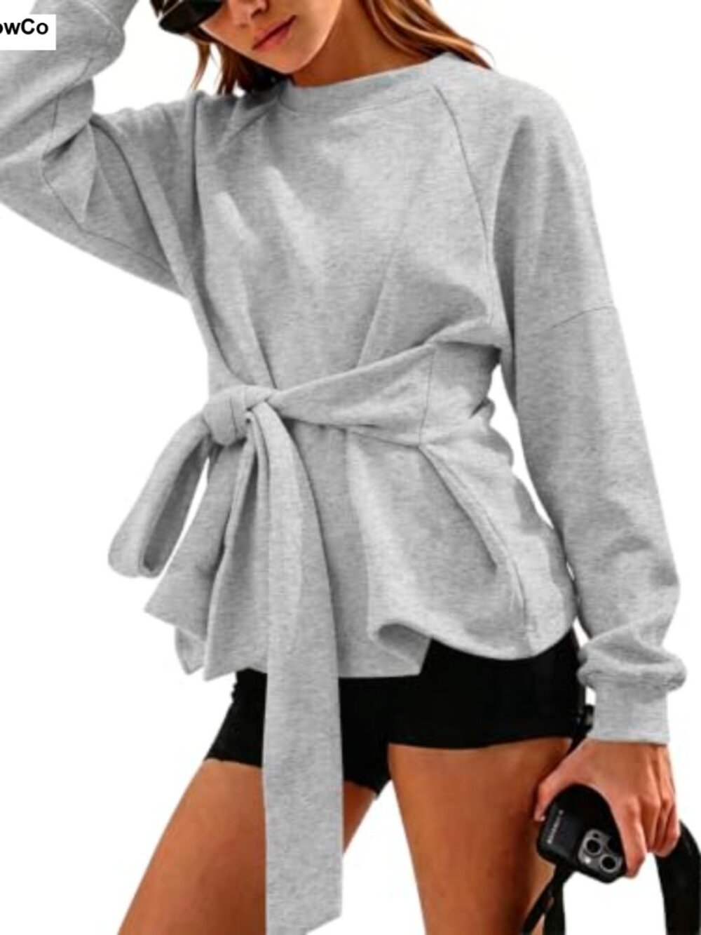 Womens Tie Knot Sweatshirt Pullover Long Sleeve Twist Front Tunic Casual Top